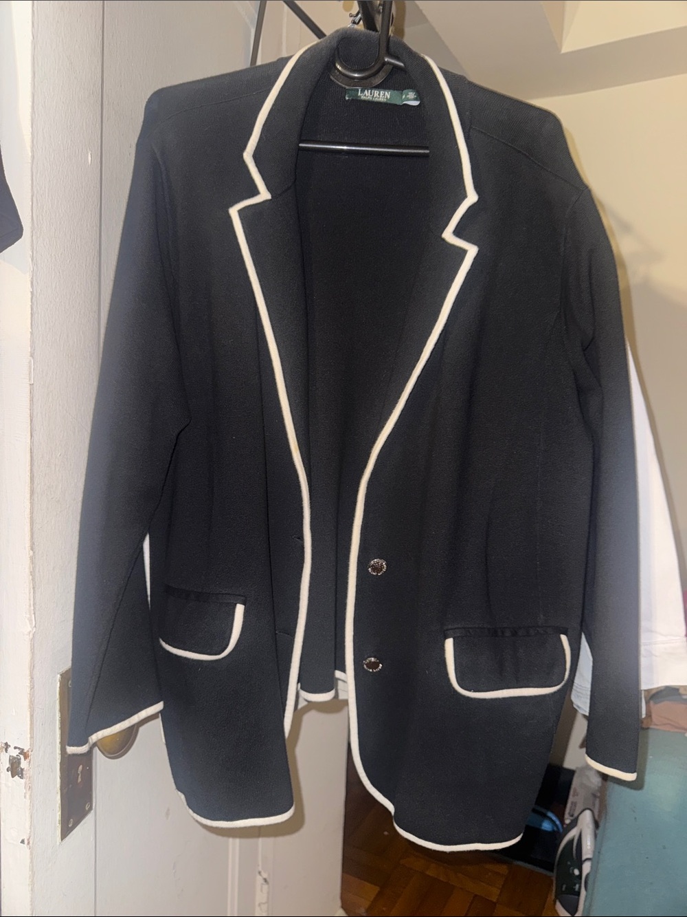 Lauren Ralph Lauren 2 Button Black Knit With White Trim Sweater Blazer